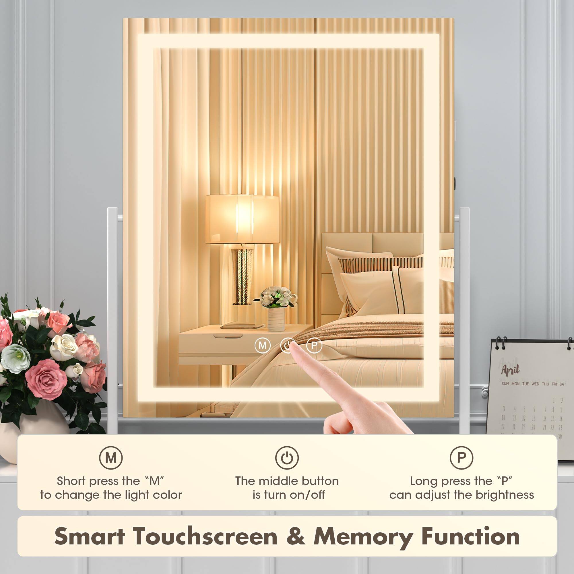 Smart Touchscreen & Memory Function

- Short press the "M" to change the light color
- The middle button is turn on/off
- Long press the "P" can adjust the brightness