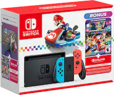 The box includes a Nintendo Switch and a bonus full game download. It also comes with a MarioKart Deluxe game. The box is designed for individual membership and is suitable for online play. The Nintendo Switch is a gaming console that allows players to enjoy various games, including those that require motion controls. The box also includes a game controller, which is essential for playing games on the Nintendo Switch.
