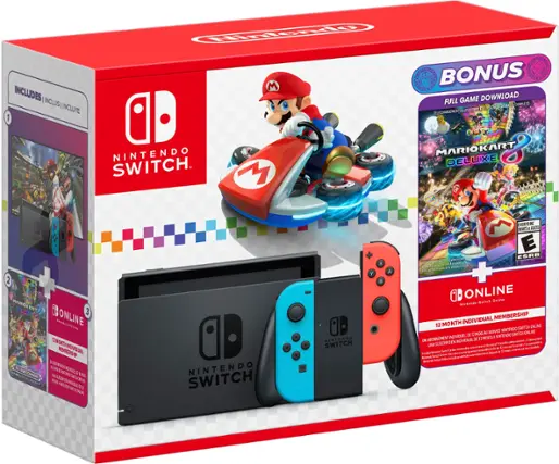 The box includes a Nintendo Switch and a bonus full game download. It also comes with a MarioKart Deluxe game. The box is designed for individual membership and is suitable for online play. The Nintendo Switch is a gaming console that allows players to enjoy various games, including those that require motion controls. The box also includes a game controller, which is essential for playing games on the Nintendo Switch. - E (Everyone)
