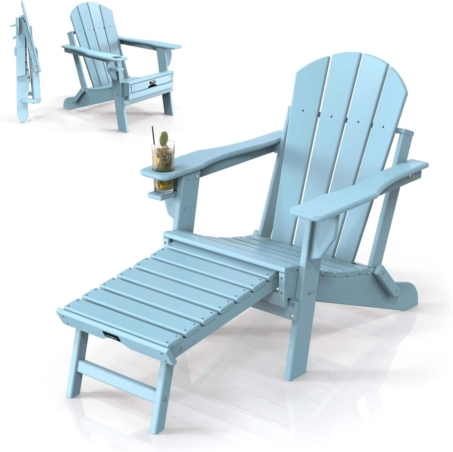 Front. Winado - Folding Adirondack Chair with Cup Holder, Hidden Footrests, Foldable Ergonomics Seating for Outdoor Porch Yard Garden - Blue.