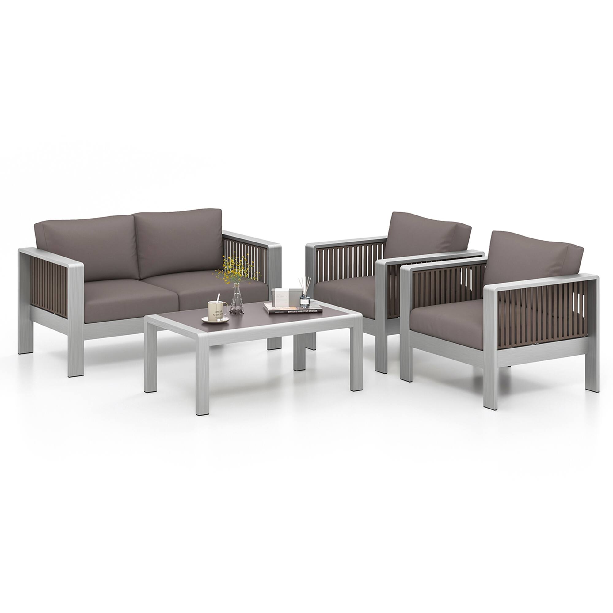 Alt View 3. Gymax - Gymax 4 PCS Aluminum Patio Furniture Set w/ Thick Cushions & Tempered Glass Tabletop - Gray.