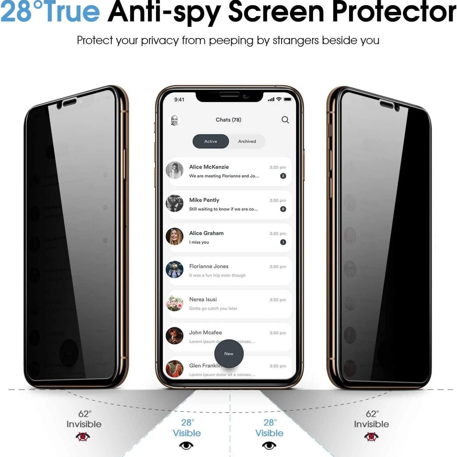 28° True Anti-spy Screen Protector  
Protect your privacy from peeping by strangers beside you  

Chats (78)  
Archived  

9:41  
Alice McKenzie  
We are meeting Florianne and Jo...  
3:30 pm  

Mike Pently  
Still waiting to know if we are co...  
3:30 pm  

Alice Graham  
I miss you  
3:30 pm  

Florianne Jones  
It was a fun trip even though  
3:30 pm  

Nerea Isusi  
Gotta go catch you later  
3:30 pm  

John McAfee  
Lorem ipsum dolor sit e conse...  
3:30 pm  

Glen Franklin  
Lorem ipsum dolor sit e conse...  
3:30 pm  

62° Invisible  
28° Visible  
62° Invisible  

28° Visible