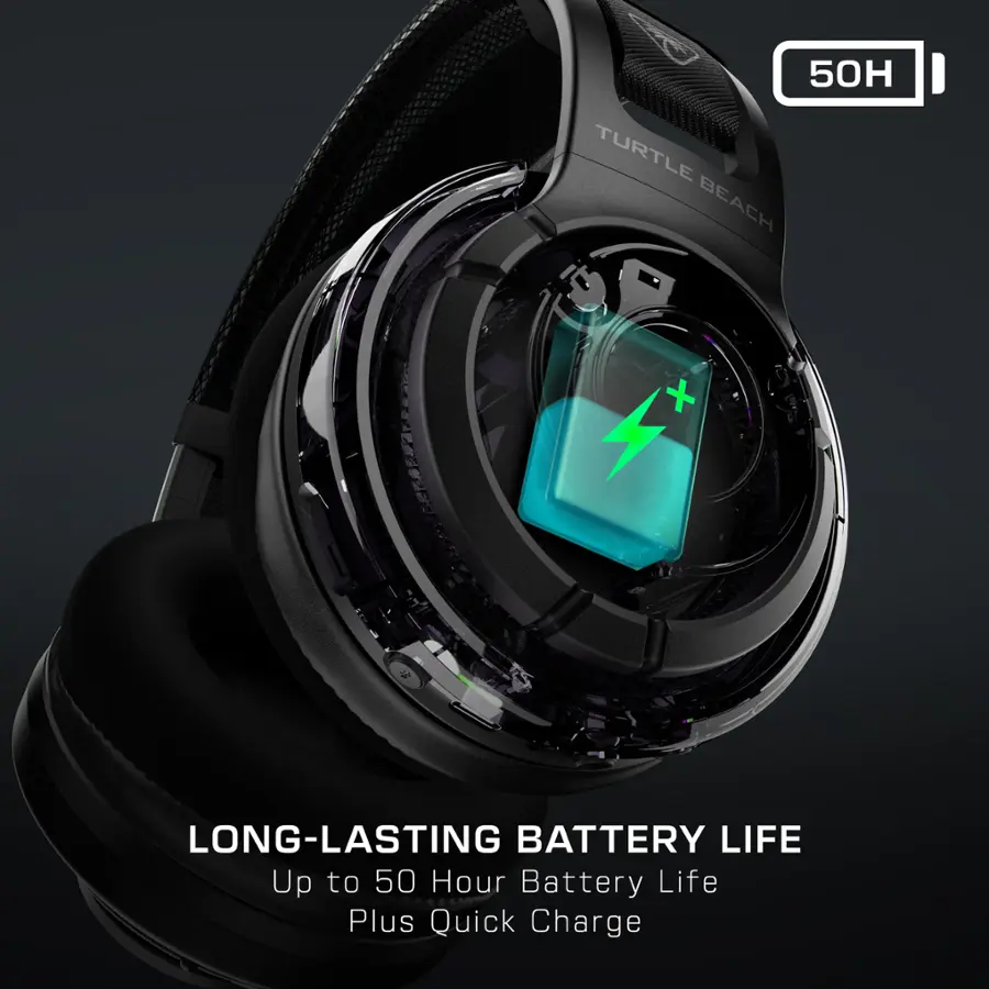 "50H Turtle Beach + Long-Lasting Battery Life: Up to 50 Hour Battery Life Plus Quick Charge."
