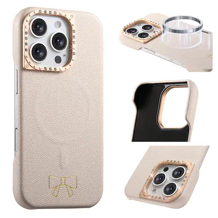 Front. Dteck - Luxury PU Leather Texture Magnetic Case for Apple iPhone 15 Pro Max with Diamond Lens Border, Shockproof Hard PC Cover - Khaki.