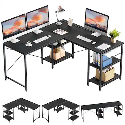 Front. Bestier - L-Shaped Reversible Corner Computer Desk with Storage Shelf - 60" wide - Black.