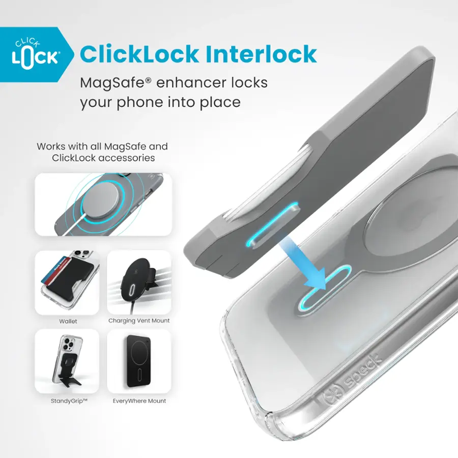 The text on the image reads:

"CLICK LOCK ClickLock Interlock MagSafe enhancer locks your phone into place. Works with all MagSafe and ClickLock accessories. Wallet, Charging, Vent Mount, StandyGrip, EveryWhere Mount, Speck."