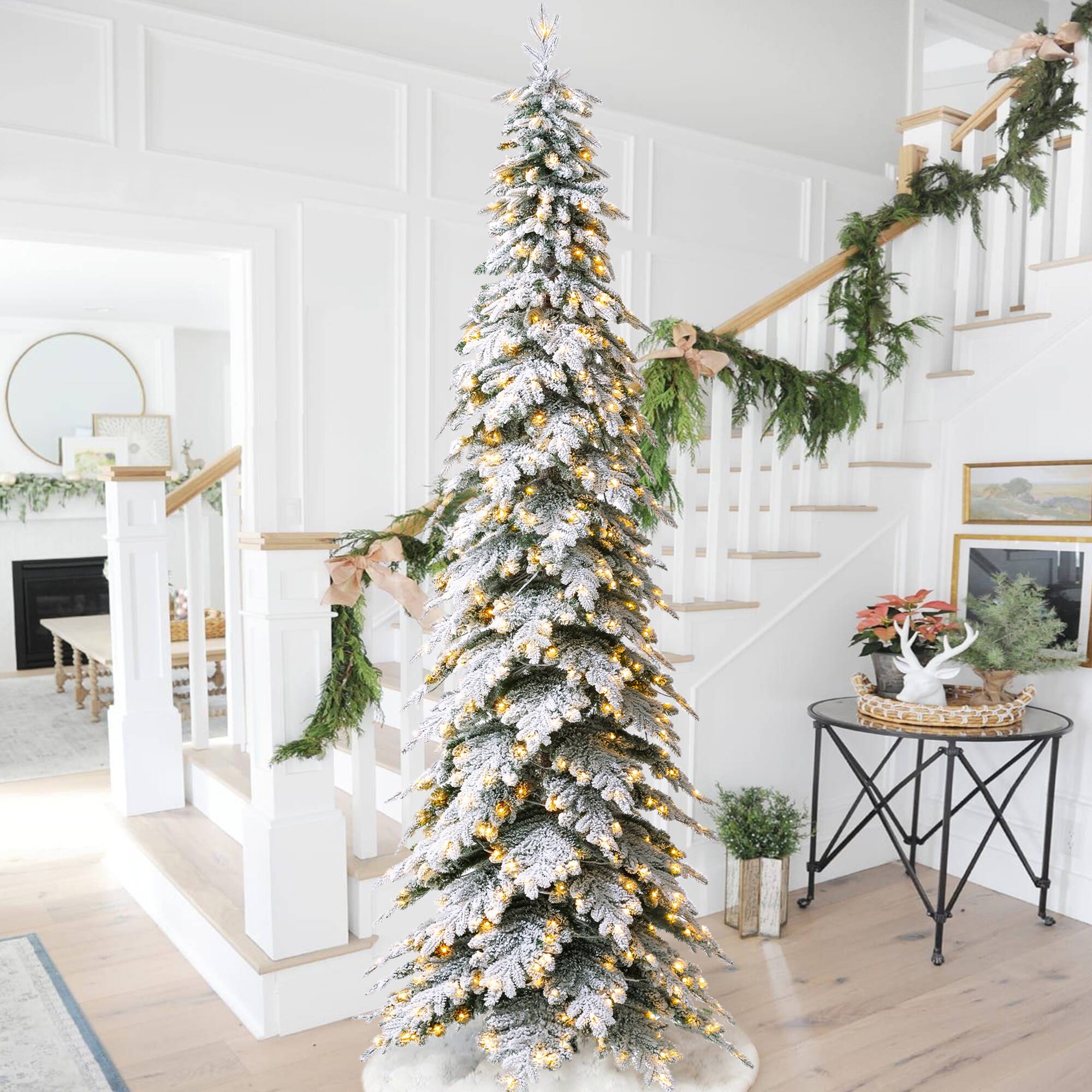 Front. Glitzhome - 11ft Pre-Lit Flocked Pencil Spruce Artificial Christmas Tree with 700 Warm White Lights - White.