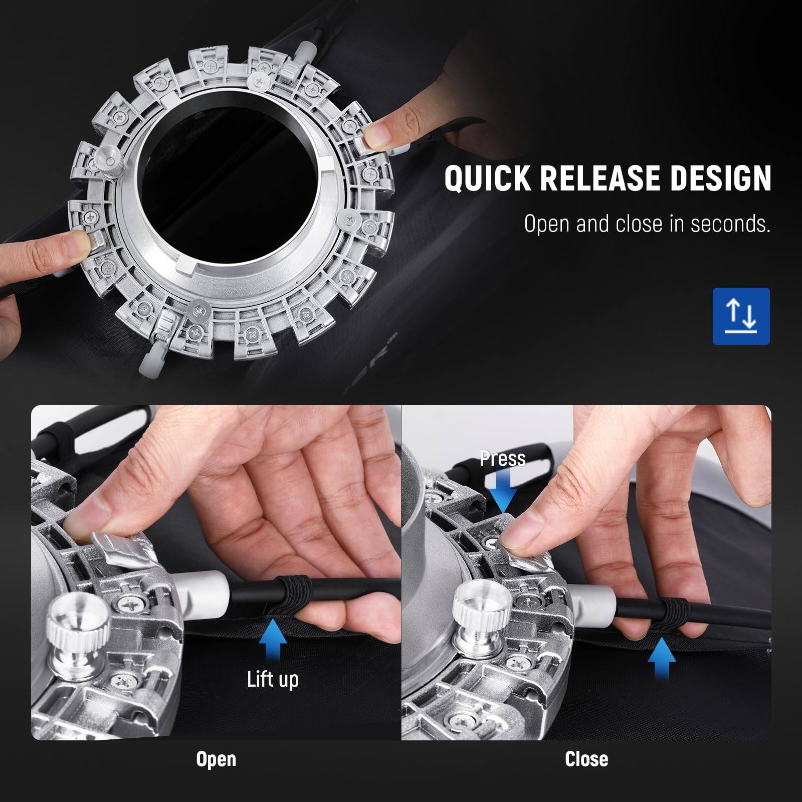 QUICK RELEASE DESIGN  
Open and close in seconds.  

Press + Lift up  
Open Close