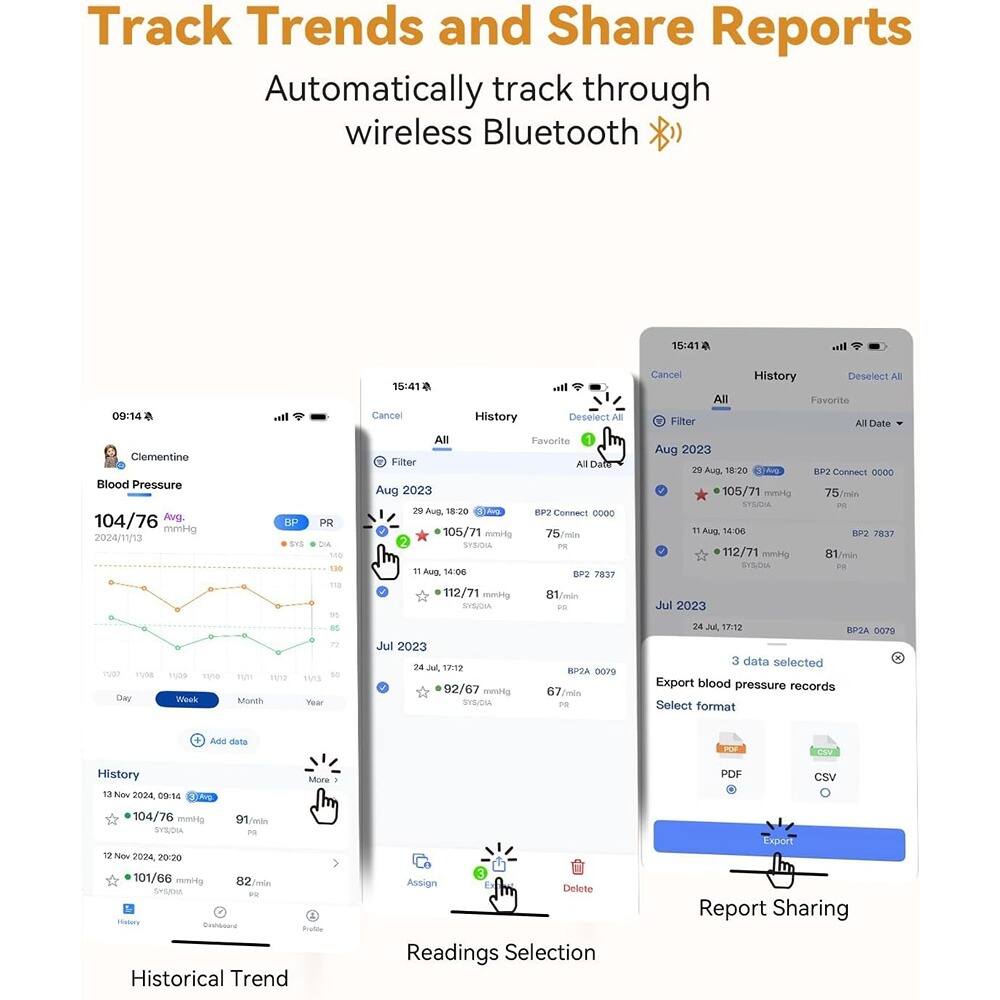 Track Trends and Share Reports  
Automatically track through wireless Bluetooth  

Clementine  
Blood Pressure  
104/76 mmHg  
2024/11/13 11:00  

Historical Trend  
12 Nov 2024, 09:14  
104/76 mmHg  
91/min  

12 Nov 2024, 20:20  
101/66 mmHg  
82/min  

Aug 2023  
29 Aug, 18:20  
105/71 mmHg  
75/min  

11 Aug, 14:06  
112/71 mmHg  
81/min  

Jul 2023  
24 Jul, 17:12  
92/67 mmHg  
67/min  

Readings Selection  
Assign  
Delete  

Export blood pressure records  
Select format  
PDF  
CSV  

Report Sharing  

History  
Aug 2023  
29 Aug, 18:20  
105/71 mmHg  
75/min  

