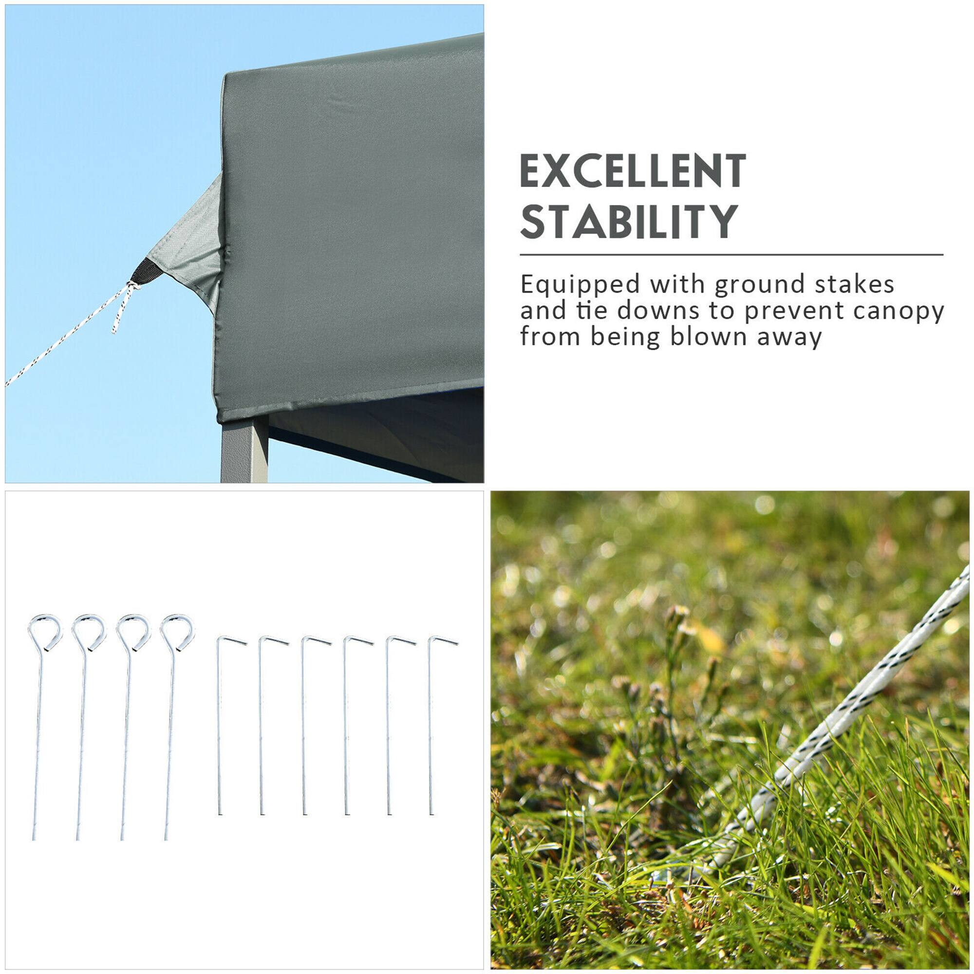 EXCELLENT STABILITY

Equipped with ground stakes and tie downs to prevent canopy from being blown away.