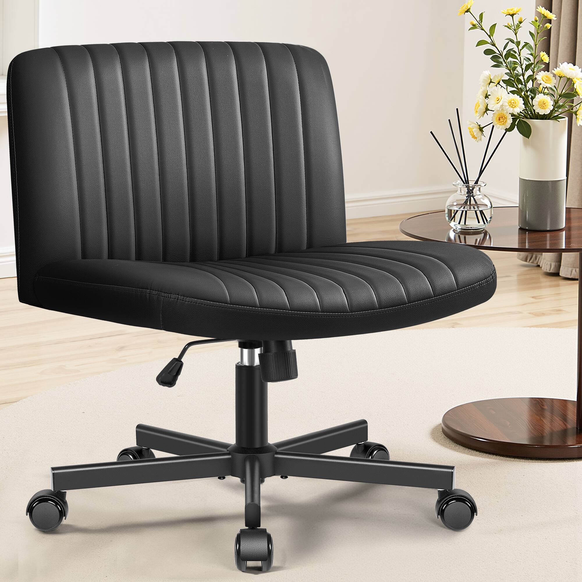 Alt View 4. KERDOM - Armless Wide Seat PU leather Vanity Chair with Wheels, Mid Back Swivel Cross Legged Office Chair, Height Adjustable - Black.