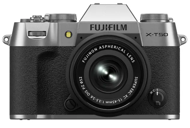 The image features a FUJIFILM X-T50 camera with an aspherical FUJINON lens. The lens has a focal length of 15-45mm and an aperture of 1:3.5-5.6. The camera is designed for capturing high-quality images and is suitable for various photography needs.