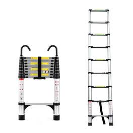 ELEMENT ACE - 8.5FT Telescopic Aluminum Alloy Multi-Purpose Folding Ladder with Hooks and Triangular Support Frame for Outdoor - Antique Silver