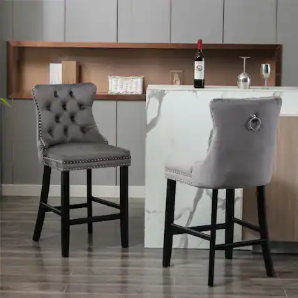 Front. LUCKY ONE - Assembled Velvet Bar Stool Set of 2 with Button Tufted Wood Legs Chrome Nailhead Trim - Gray.
