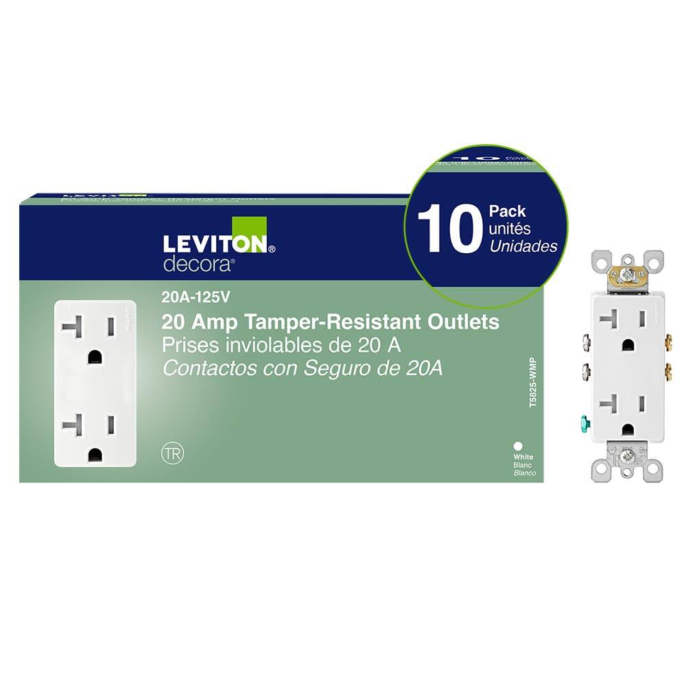 10 0000000
LEVITON decora
Pack 10 units Unidades
20A-125V 20 Amp Tamper-Resistant Outlets Prises inviolables de 20 A Contactos con Seguro de 20A T5825-WMP TR White Blanc Blanco