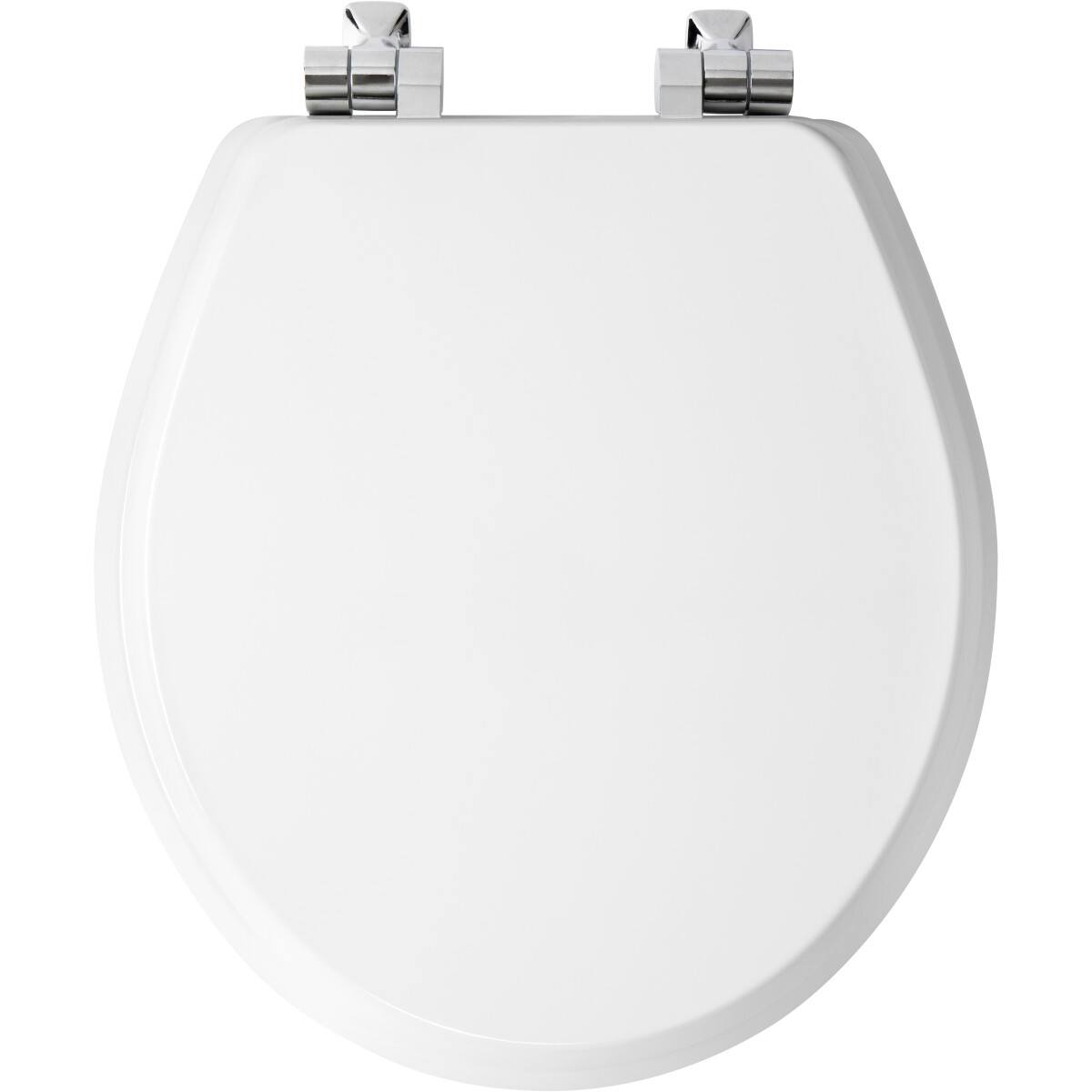 Angle. BEMIS - Mayfair Benton Round Enameled Wood Toilet Seat in White Seat Fastening System and WhisperClose Chrome Hinge - White.