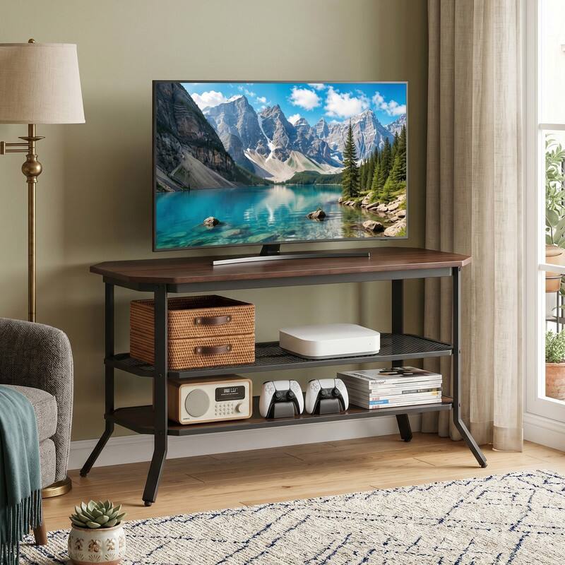Angle. WELLFOR - Industrial TV Stand for TVs up to 46", Wood Media Entertainment Center Console Table with Storage Shelves - Rustic Brown.
