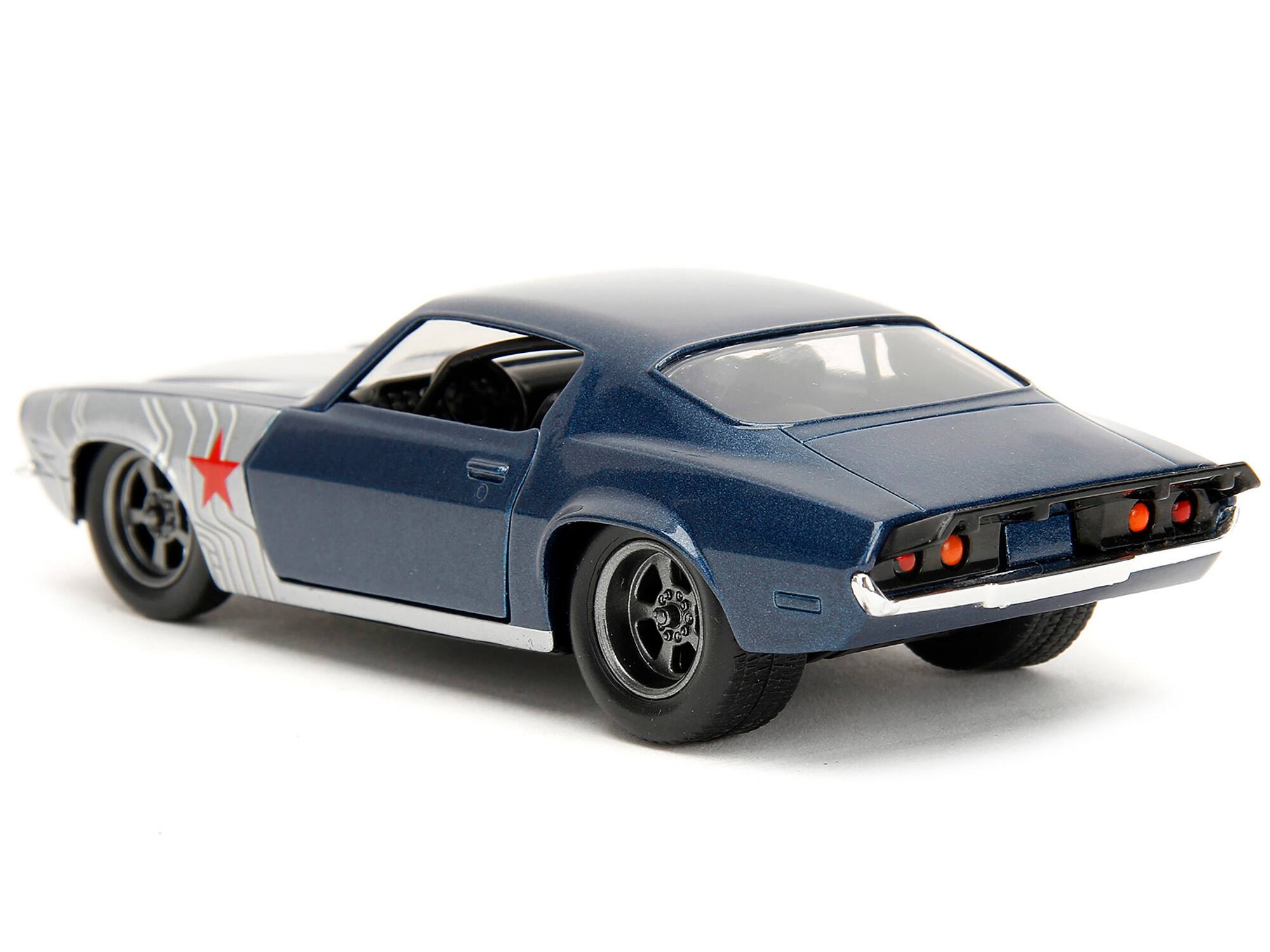 Alt View 1. Jada - 1973 Chevrolet Camaro 1/32 Diecast Dark Blue Metallic Gray Stripes with Winter Soldier Figure "Marvel Avengers" Series - Dark Blue Metallic With Gray.