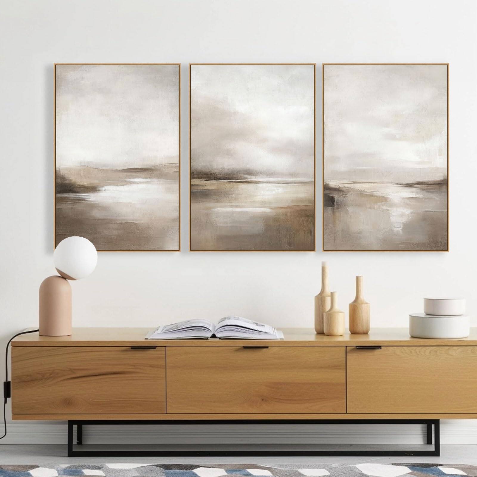 Alt View 5. Hanke - Neutral Abstract Wall Art Minimalist Framed Canvas Print Landscape Shapes Illustrations Modern 24 x 36 inches - Blue and Neutral Mid-century 24"x36"x3 Panels Fram.