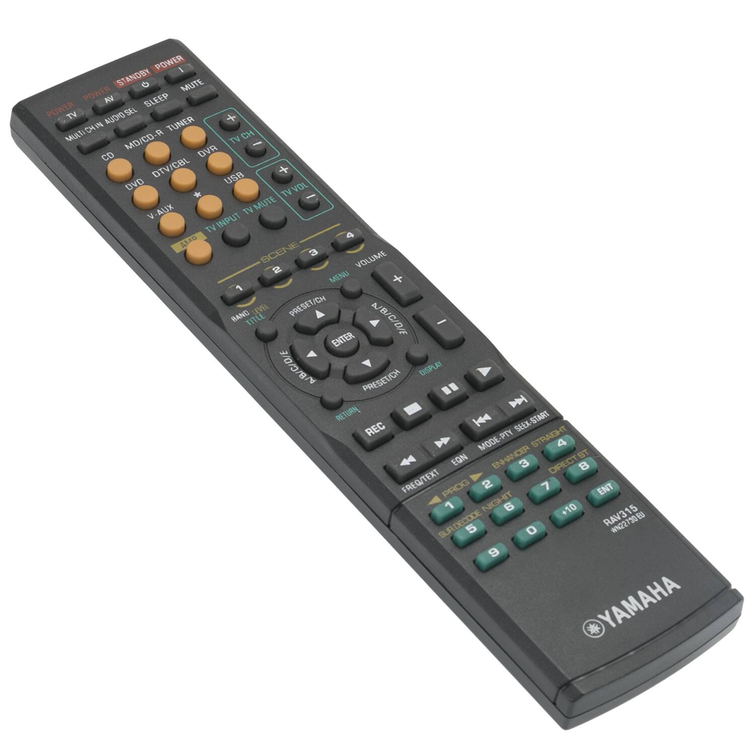 POWER  
STANDBY  
MUTE  
SLEEP  
TV  
AV  
MULTI-CHIN  
AUDIO-SEL  
TUNER  
MD/CD  
DVR  
USB  
DVD  
TV VOL  
TV MUTE  
TV INPUT  
V-AUX  
SCENE  
VOLUME  
MENO  
1  
BAND  
PRESET/CH  
A/B/C/D/E  
TITLE  
ENTER  
A/B/C/D/E  
Y  
DISPLAY  
PRESETCH  
M  
RETURN  
H4  
SEEX-START  
REC  
PTY  
STRAIGHT  
MODE-PTY  
4  
EQN  
ENHANCER  
ST  
3  
DIRECT  
8  
FREQ/TEXT  
PROG  
2  
7  
ENT  
NIGHT  
6  
+10  
5  
SURDECODE  
RAV315  
wN227500  
YAMAHA
