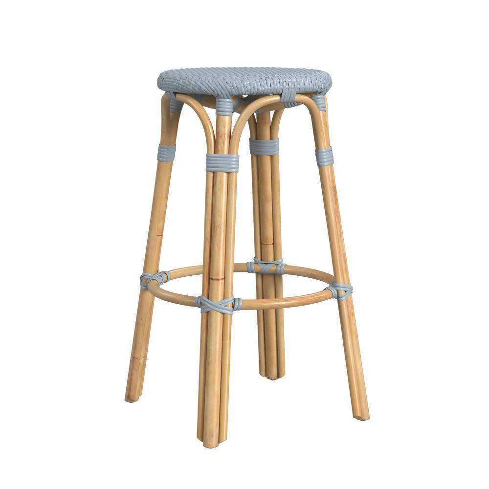 Left. Butler Specialty - Tobias Round Rattan 30" Bar Stool - Baby Blue.