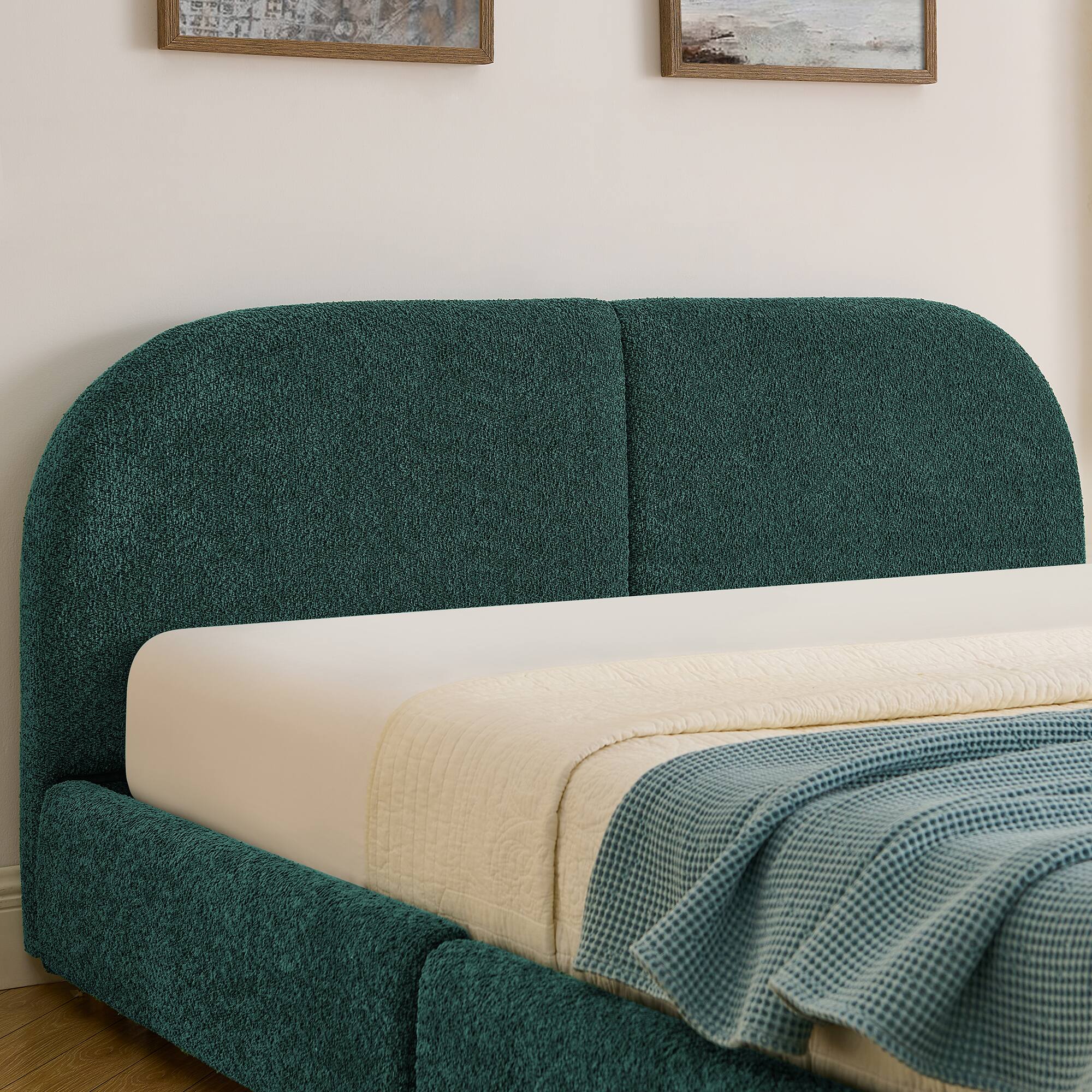 Left. Anysun - Queen Minimalist Upholstered Bed Frame - Circle Yarn Fabric, Curved Headboard, Wheeled Drawer Storage - Green.