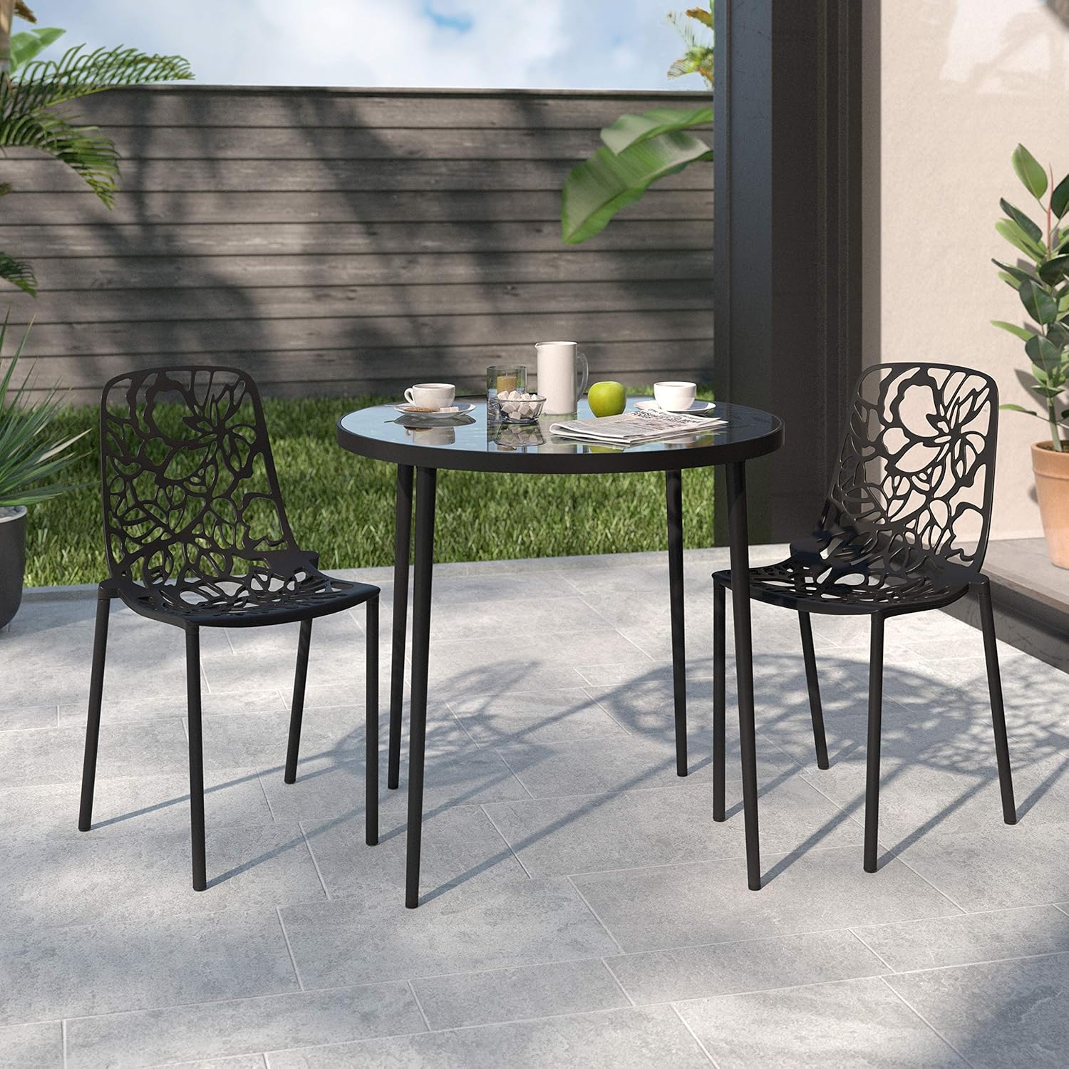 Angle. LeisureMod - Devon (Set of 2) Aluminum Outdoor Dining Chair, UV Resistant & Stackable Floral Design Accent Chair - Fully Assembled - Black.
