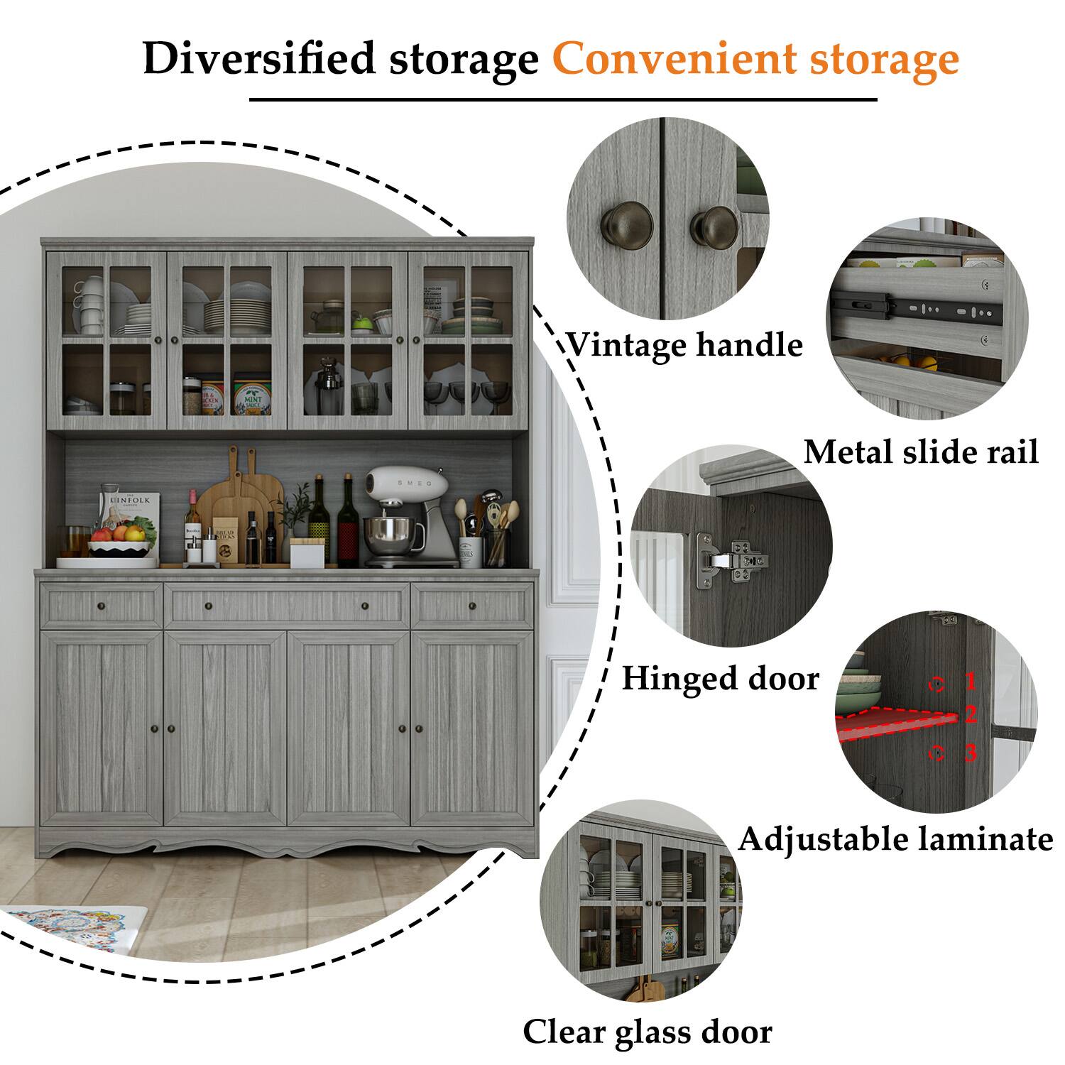 Diversified storage Convenient storage Vintage handle - N .... Metal slide rail ENTOLL I   Hinged door 1 Adjustable laminate Clear glass door