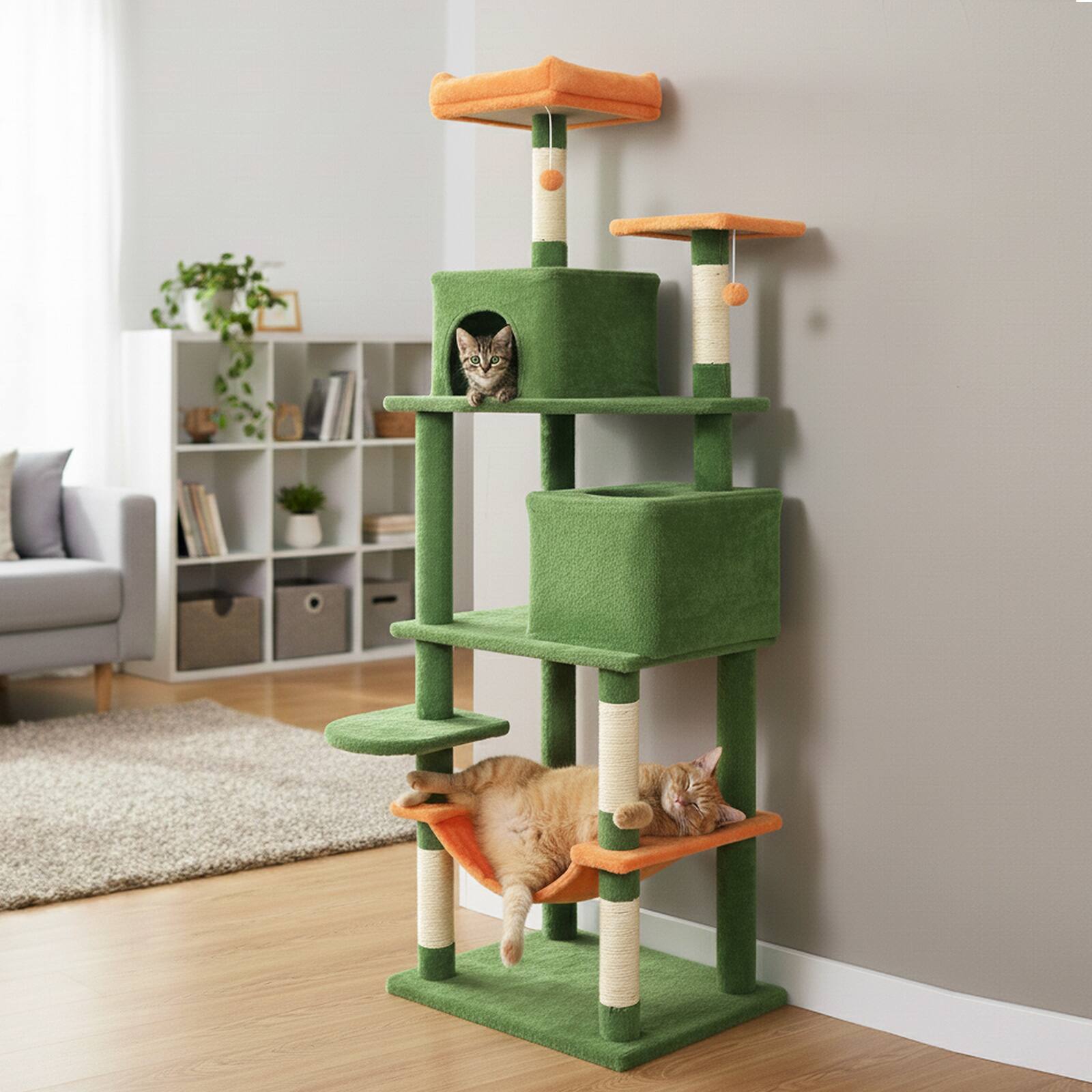 Alt View 1. Costway - Costway 70" Cat Tree for Indoor Cats with Padded Top Perch, Dual Condos, Hammock, Platforms - Green.