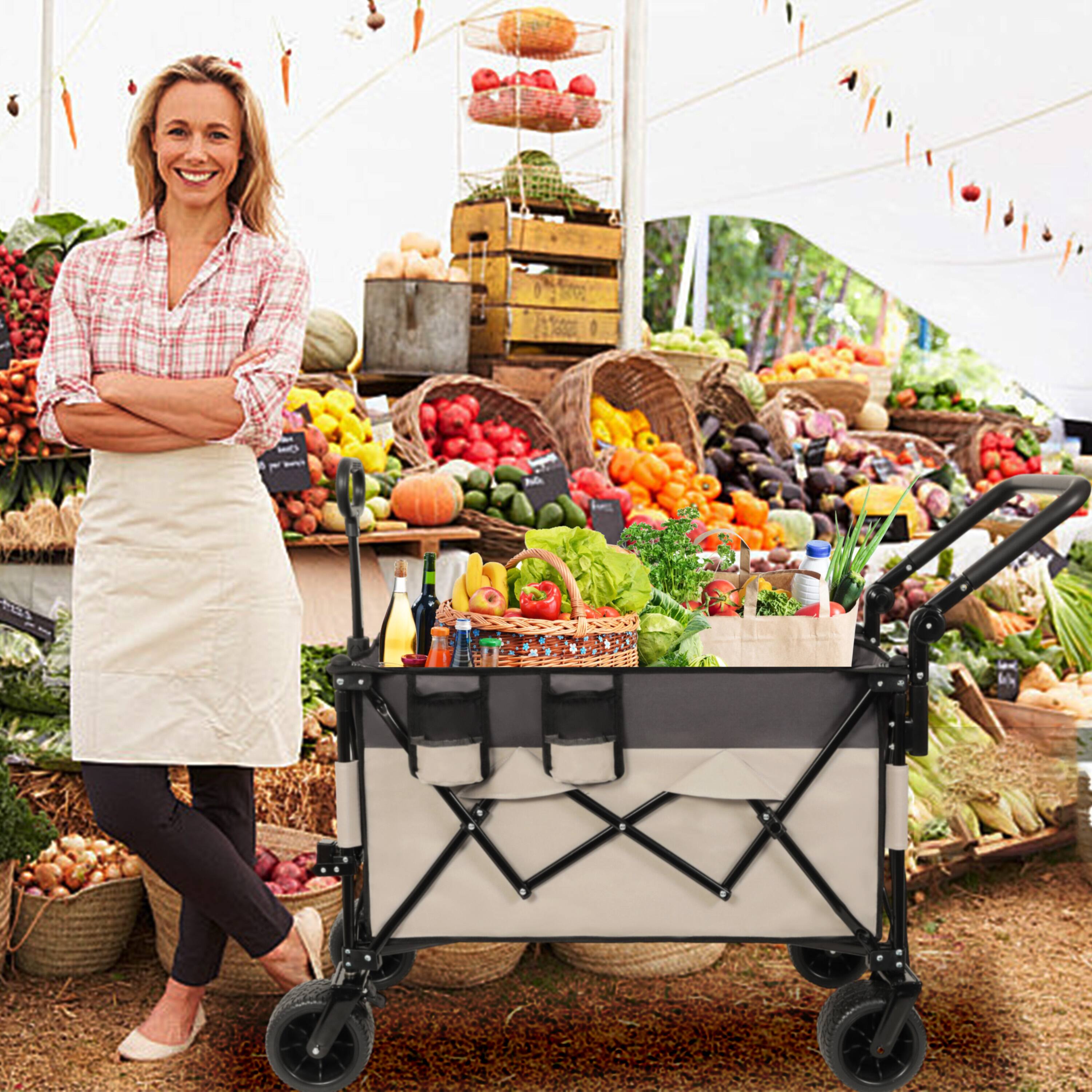 Back. APRILSOUL - Multi-Functional Push-Pull Folding Wagon Cart with Rotating Handle and 360° All-Terrain Wheels Large Capacity khaki Gray - Gray+ khaki.