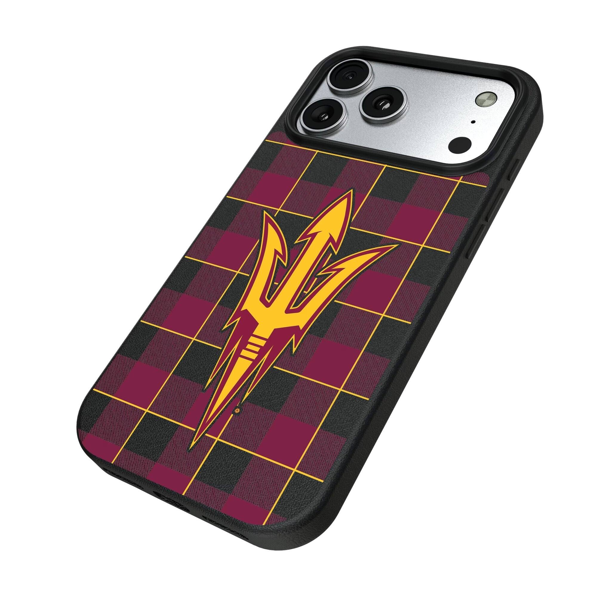 Alt View 1. Keyscaper - Arizona State Sun Devils Plaid Magnetic Bump iPhone Case - 15 Plus - Black.