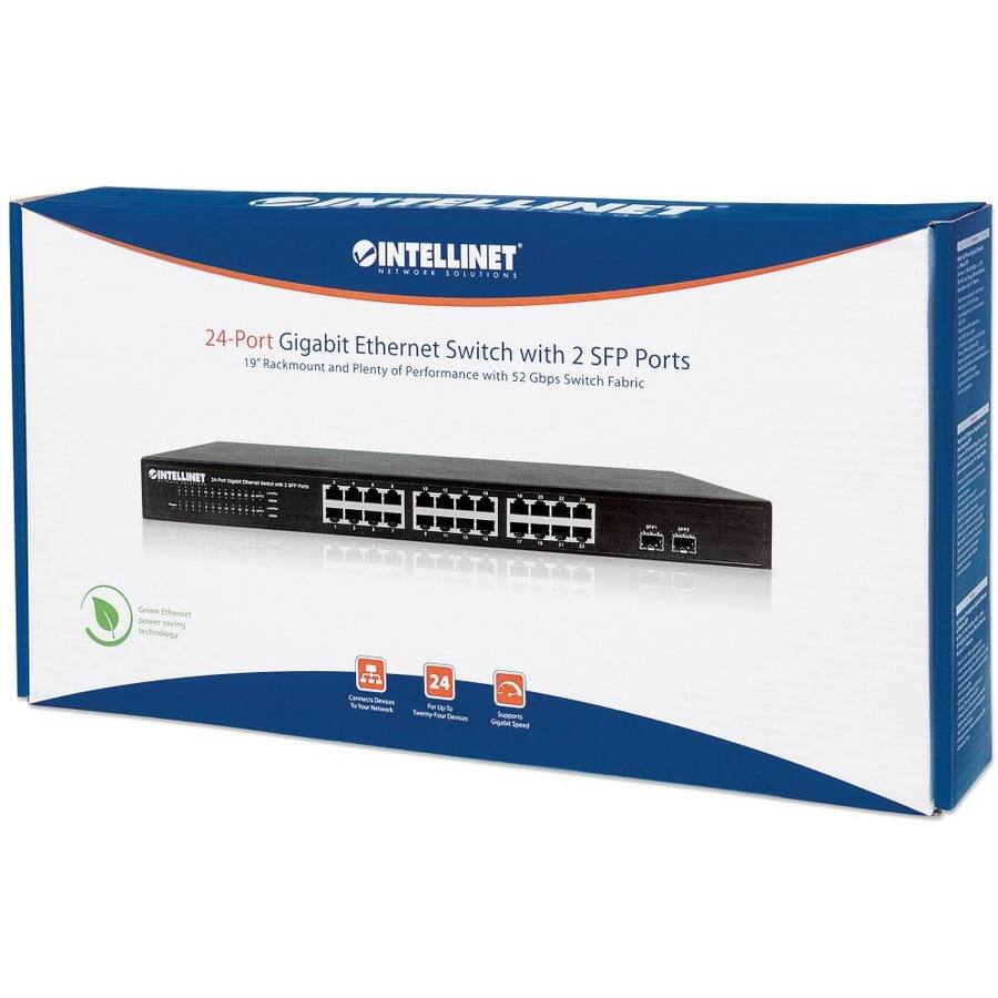 INTELLINET NETWORK SOLUTIONS  
24-Port Gigabit Ethernet Switch with 2 SFP Ports  
19" Rackmount and Plenty of Performance with 52 Gbps Switch Fabric  
INTELLINET Green Ethernet power saving technology