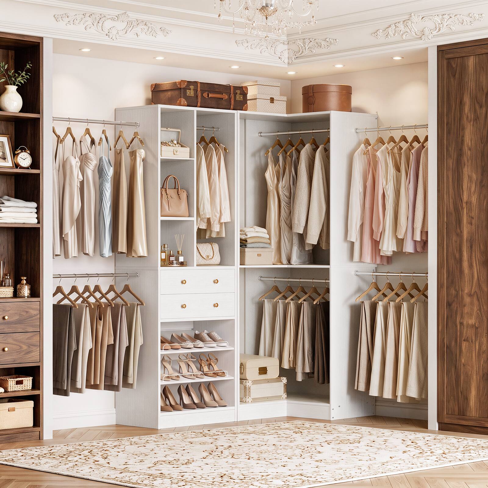Left. Aheaplus - 59.3 - 138 Inch Adjustable Walk-in Corner Closet Organizer with 7 Hanging Rods, 11 Shelves and 2 Drawers - White.