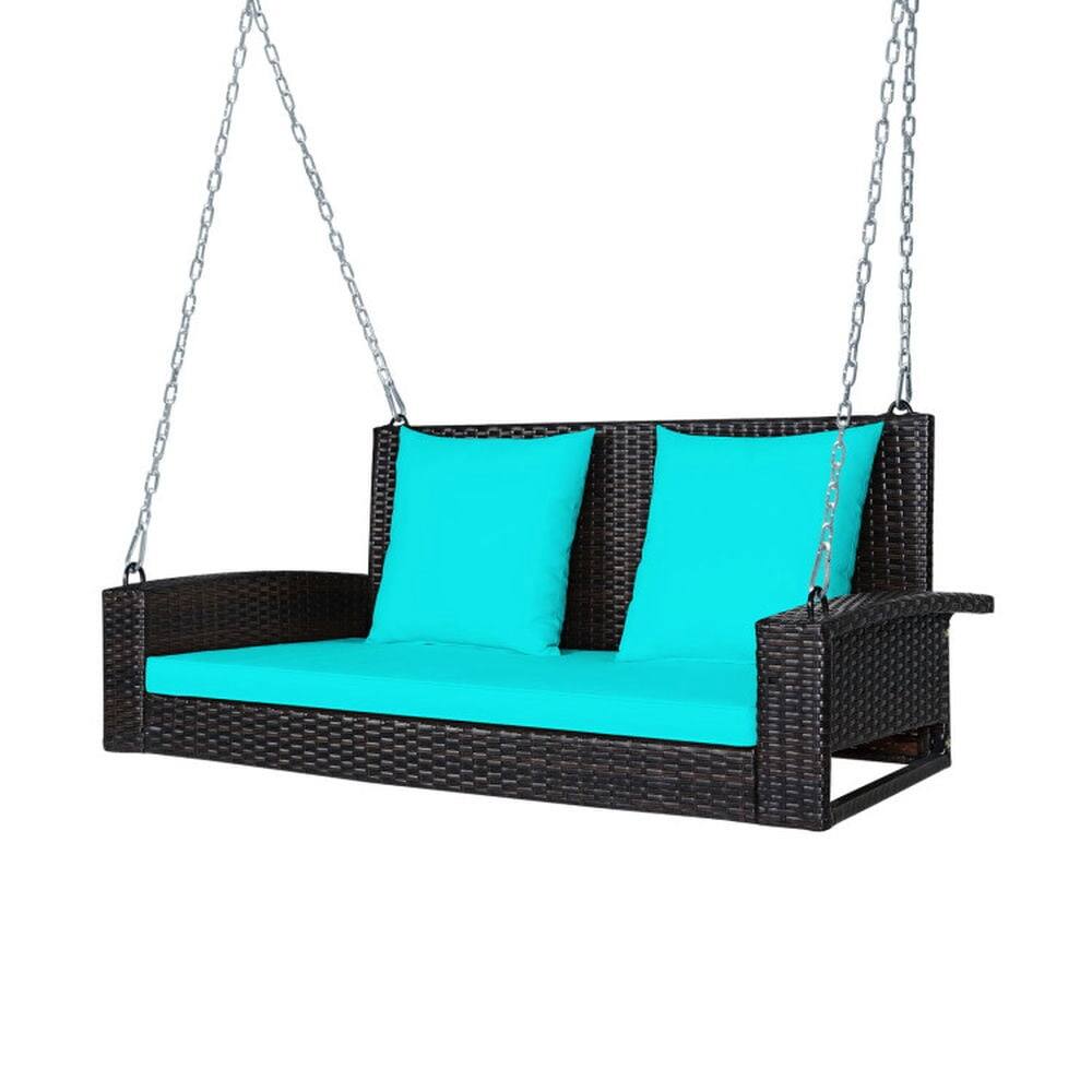 Back. Pefilos - 2-Peron Patio Rattan Porch Swing with Cuhion, Wicker Porch Swing with 2 Back Cuhion and 1 Seat Cuhion, Hanging Swing - Blue.