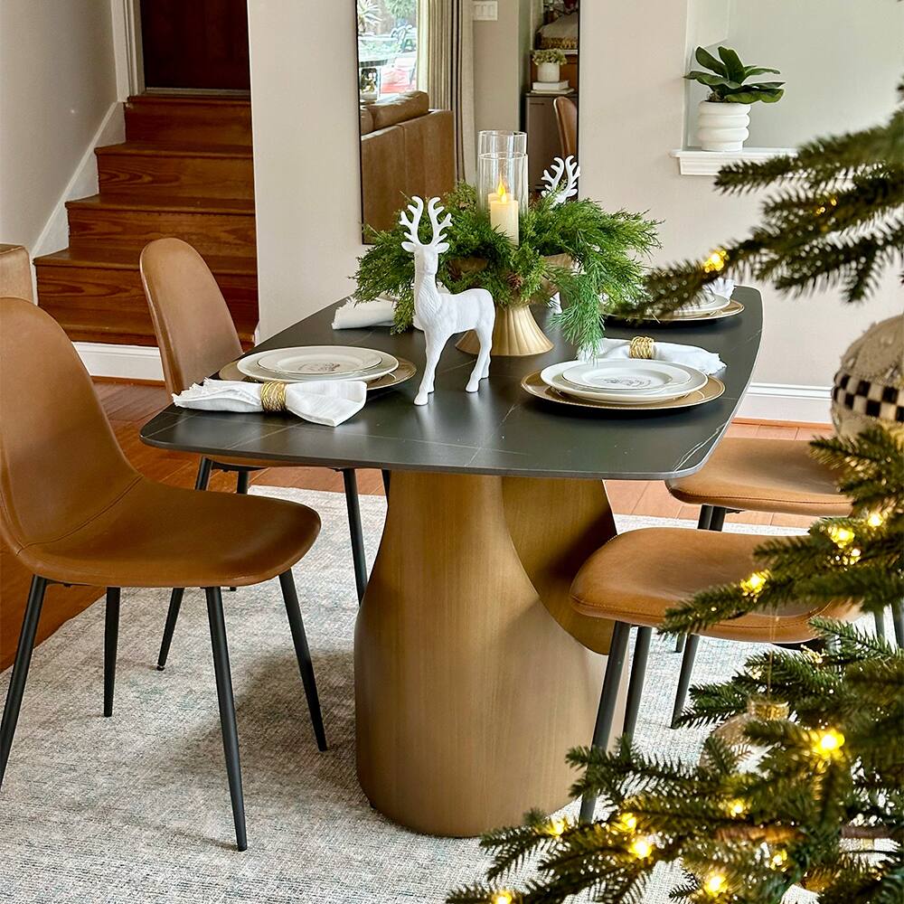 Alt View 4. POVISON - 63" Modern Minimalist Dining Table for 4, Black Rectangular Matte Sintered Stone Tabletop, Bronze Carbon Steel Leg - Matte Black Sintered Stone with Bronze.