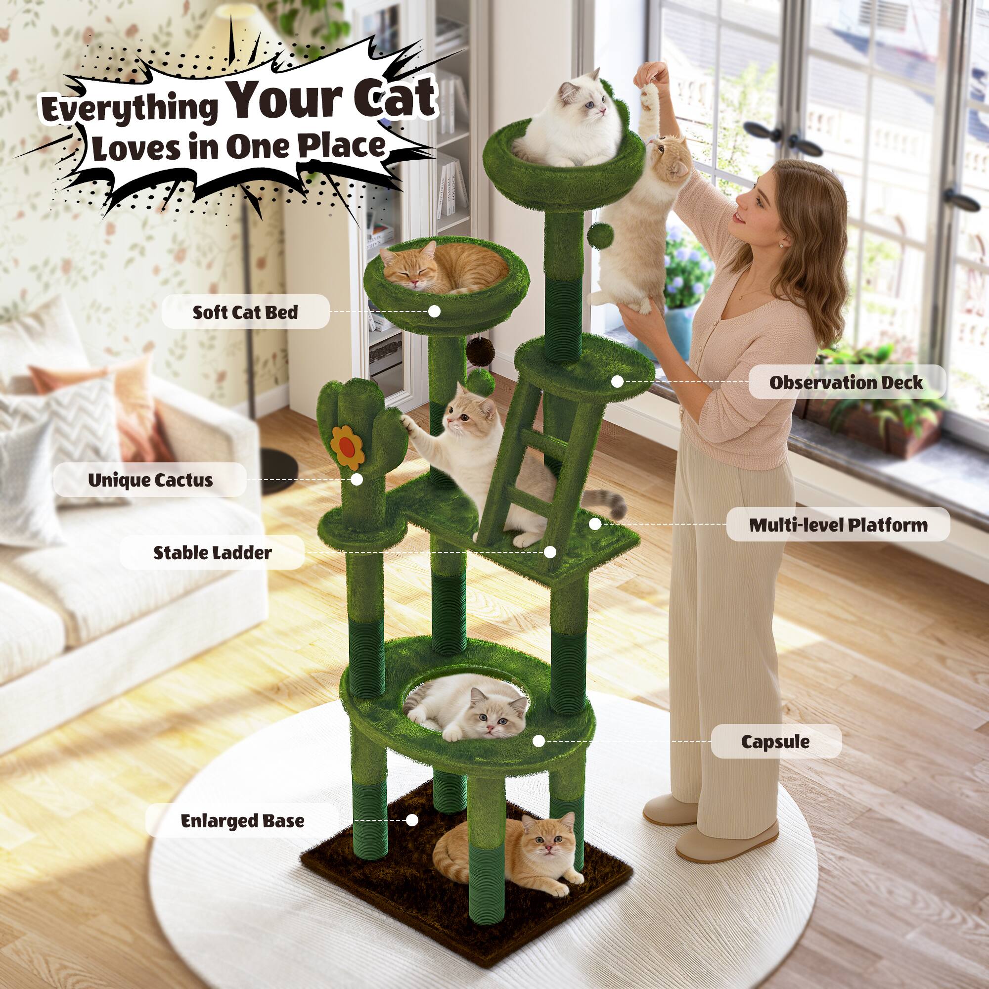 KyyWee 72 Inch Cactus Cat Tree with Transparent Capsule, Sisal ...