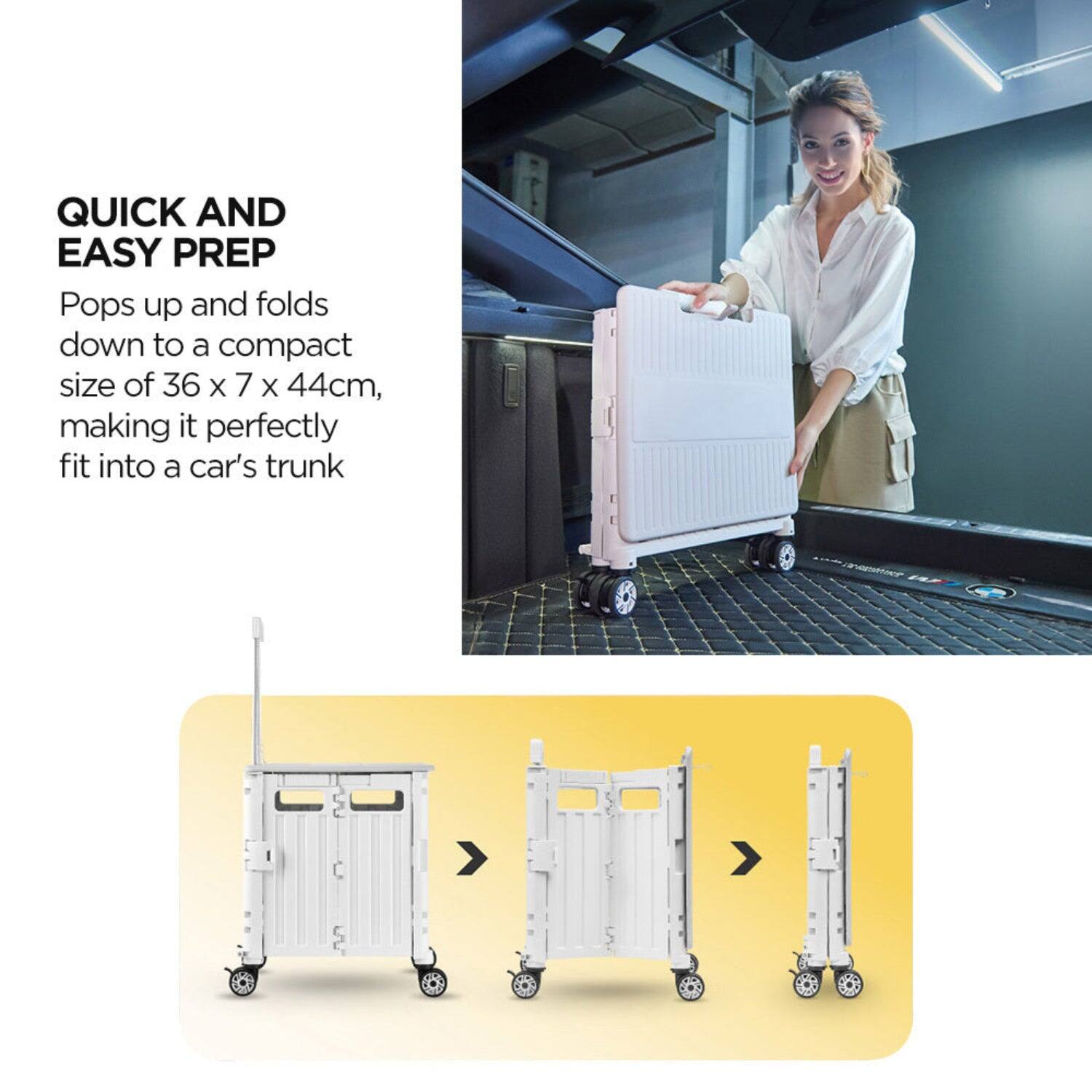 QUICK AND EASY PREP

Pops up and folds down to a compact size of 36 x 7 x 44cm, making it perfectly fit into a car's trunk