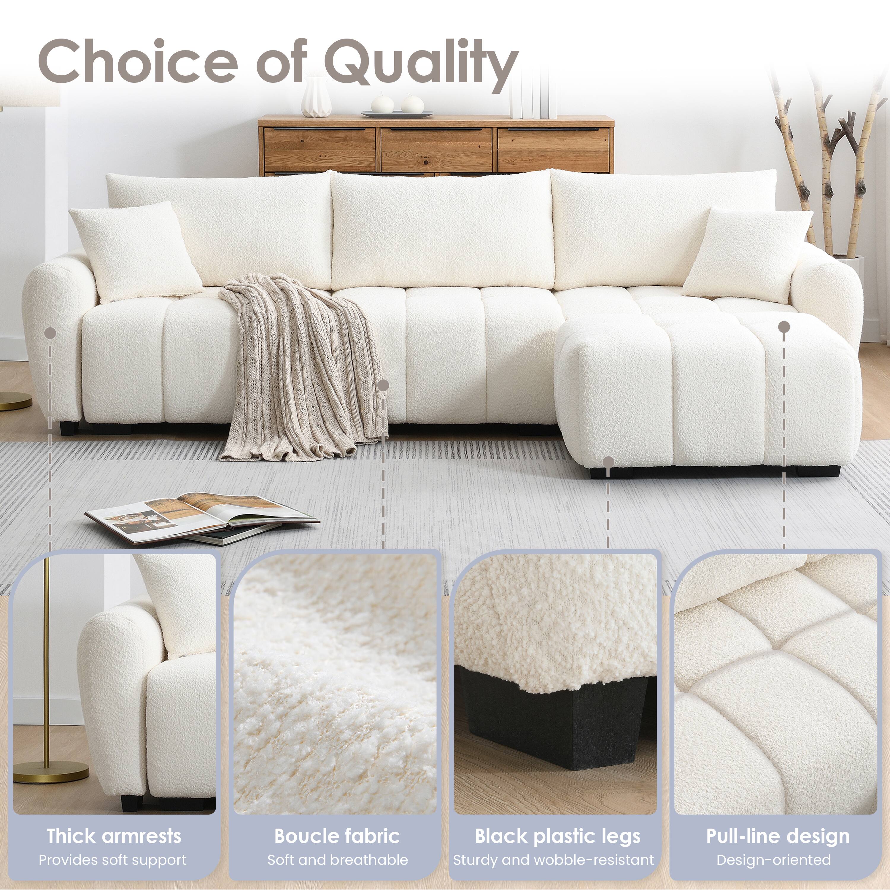 Choice of Quality

- Thick armrests: Provides soft support
- Boucle fabric: Soft and breathable
- Black plastic legs: Sturdy and wobble-resistant
- Pull-line design: Design-oriented