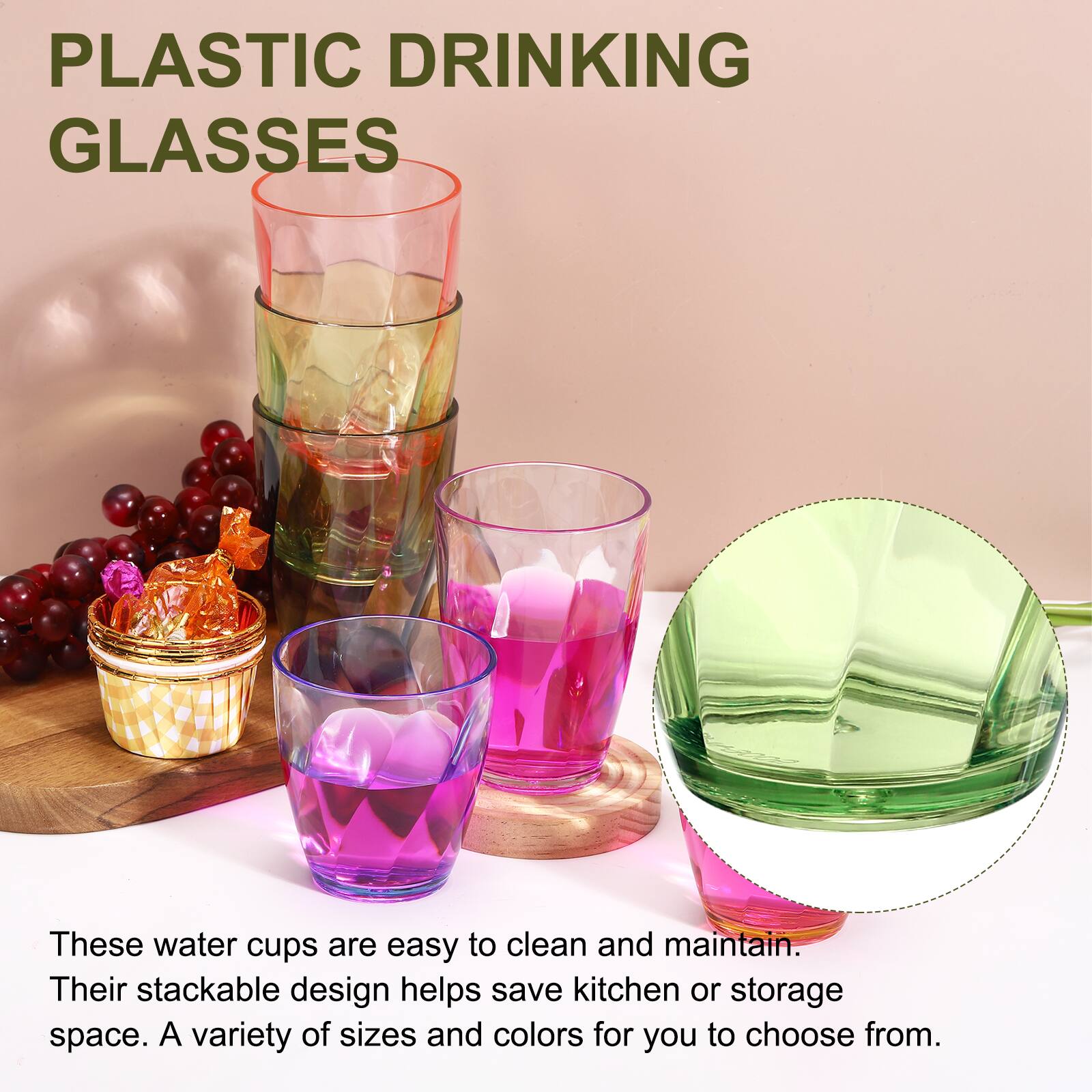 PLASTIC DRINKING GLASSES

These water cups are easy to clean and maintain. Their stackable design helps save kitchen or storage space. A variety of sizes and colors for you to choose from.