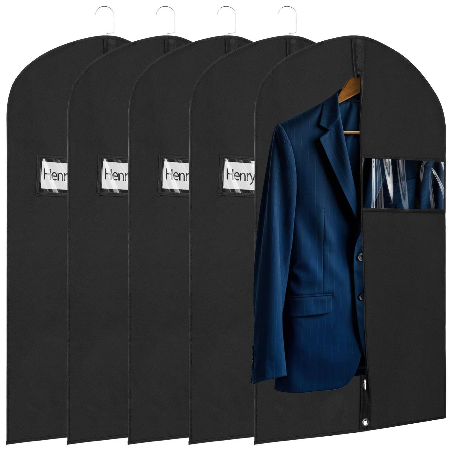 Mber - 5-Pack 40" Garment Bags For Travel, Slim Zipper Suit Bag Travel, Garment Bags For Hanging Clothes with Clear Slot - Black