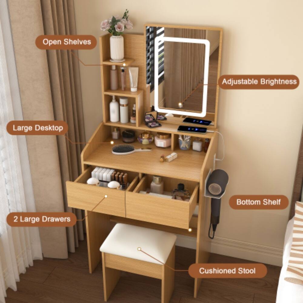 Open Shelves Adjustable Brightness Large Desktop Bottom Shelf 2 Large Drawers Cushioned Stool