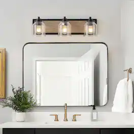 LUCKY ONE - 23in Wall Mount Vanity Light, 3-Light Farmhouse Wood Sconce with Seeded Glass Shades - Black