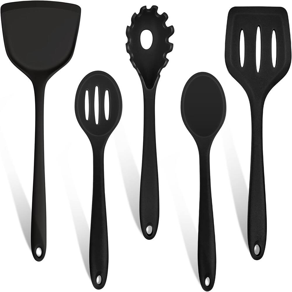 Front. RTMB - 5 Silicone Cooking Utensils Set: Dishwasher Safe, Seamless & Non-Scratch - Black.