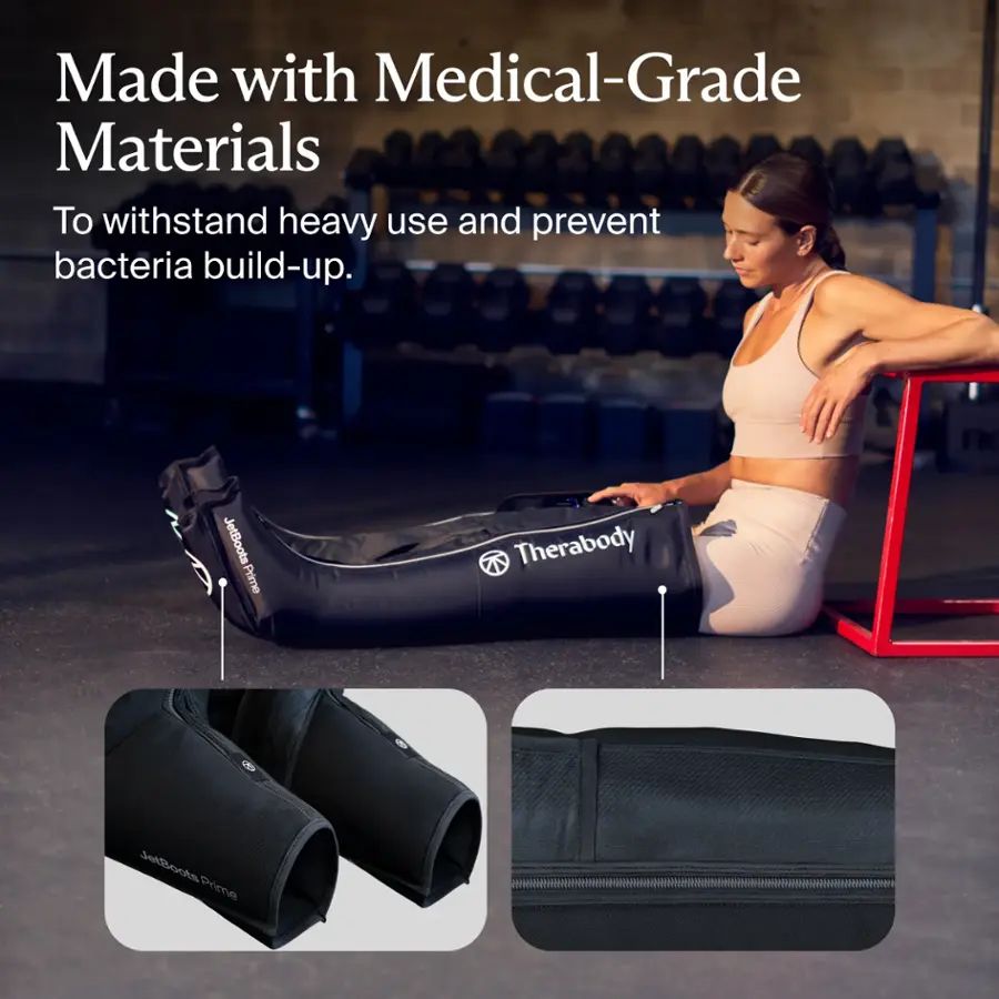 The text on the image reads: "Made with Medical-Grade Materials To withstand heavy use and prevent bacteria build-up. JetBoots Prime T Therabody L Jedtoot Prime."
