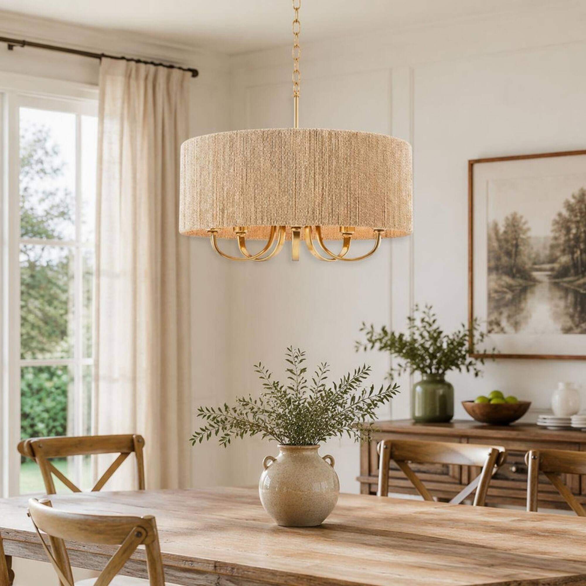 Angle. RYHNUYNE - 22" Gold Rattan Farmhouse Chandelier, 5-Light Rustic Boho Pendant Lighting with Rattan Shade for Dining & Living Room - Gold.