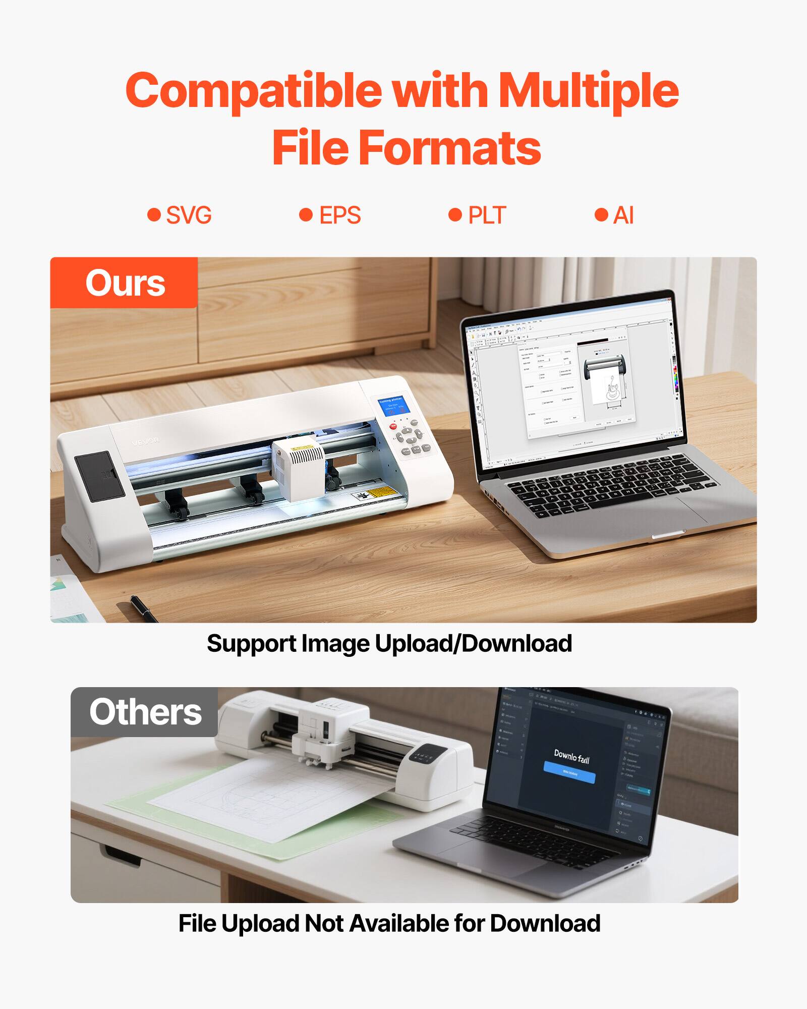 Compatible with Multiple File Formats
- SVG
- EPS
- PLT
- AI

Ours
Support Image Upload/Download

Others
File Upload Not Available for Download
