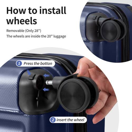 How to install wheels  
Removable (Only 28")  
The wheels are inside the 20" luggage  

1. Press the button  
2. Insert the wheel