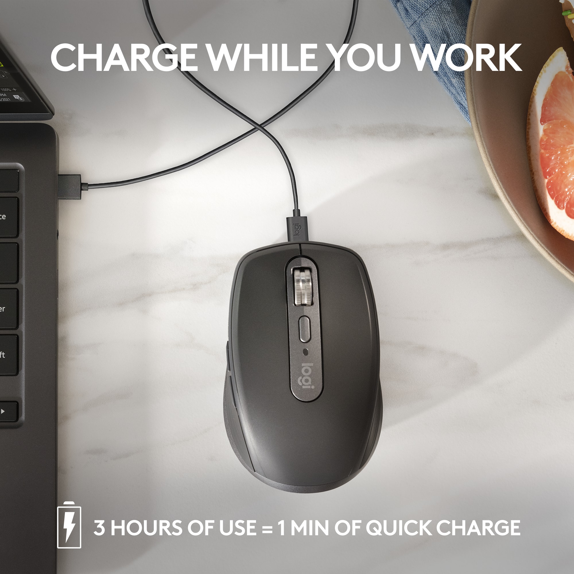 Charge While You Work: 3 Hours of Use = 1 Min of Quick Charge