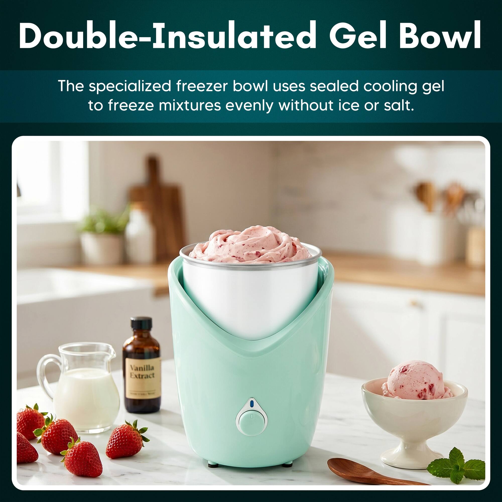 Double-Insulated Gel Bowl

The specialized freezer bowl uses sealed cooling gel to freeze mixtures evenly without ice or salt.

Vanilla Extract