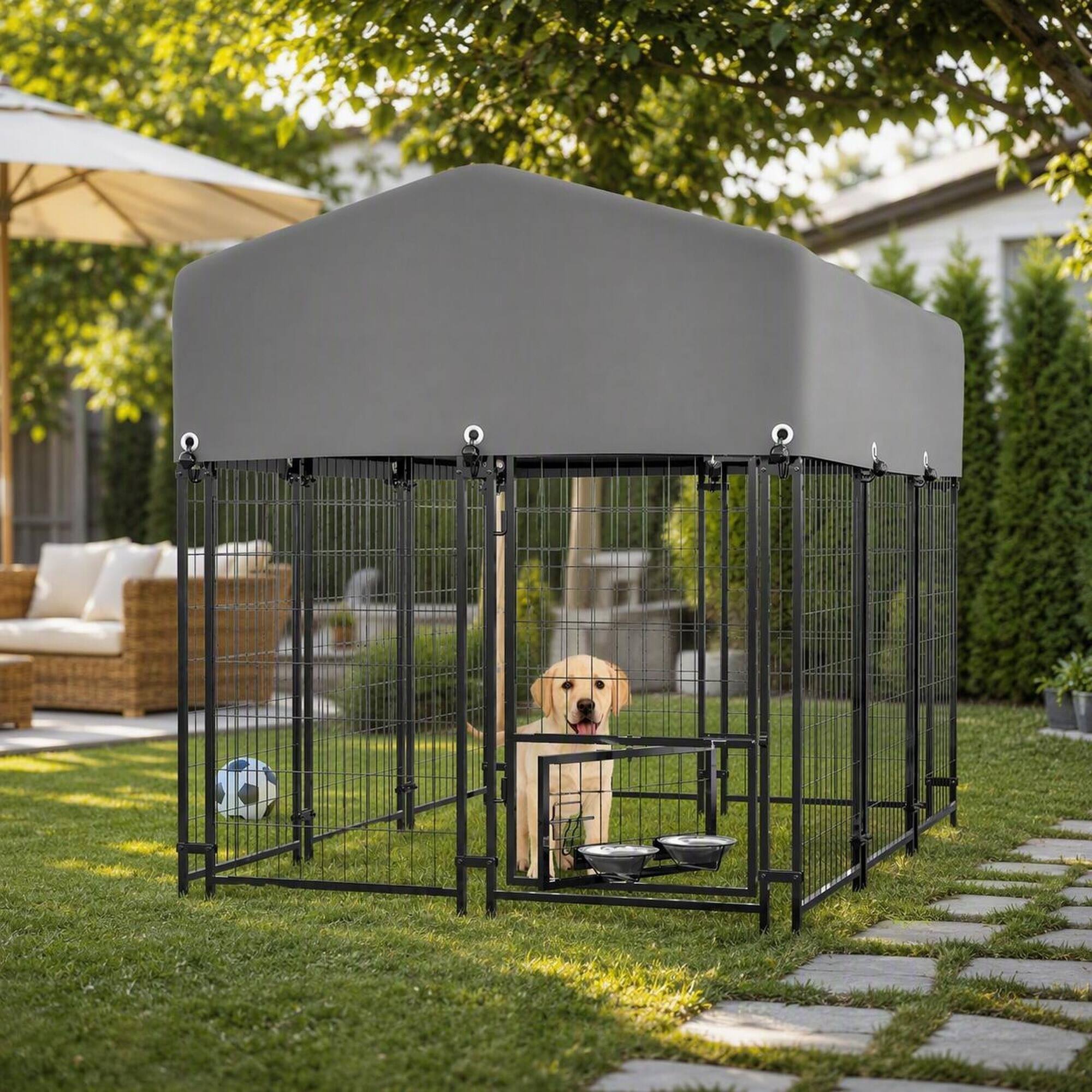 Left. RYHNUYNE - Outdoor Dog Kennel with Roof, 4.23x5.82x4.83ft Welded Wire Enclosure, Heavy Duty Metal Dog Crate.